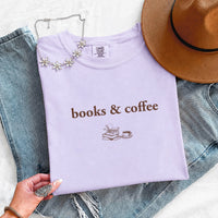 May include Books & Coffee Comfort Colors t-shirt with reading-inspired graphic, relaxed unisex fit, and garment-dyed cotton