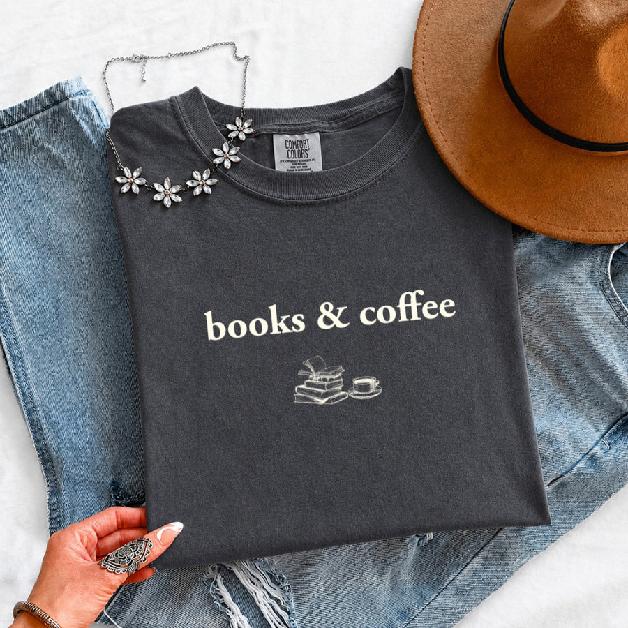 May include Books & Coffee Comfort Colors t-shirt with reading-inspired graphic, relaxed unisex fit, and garment-dyed cotton