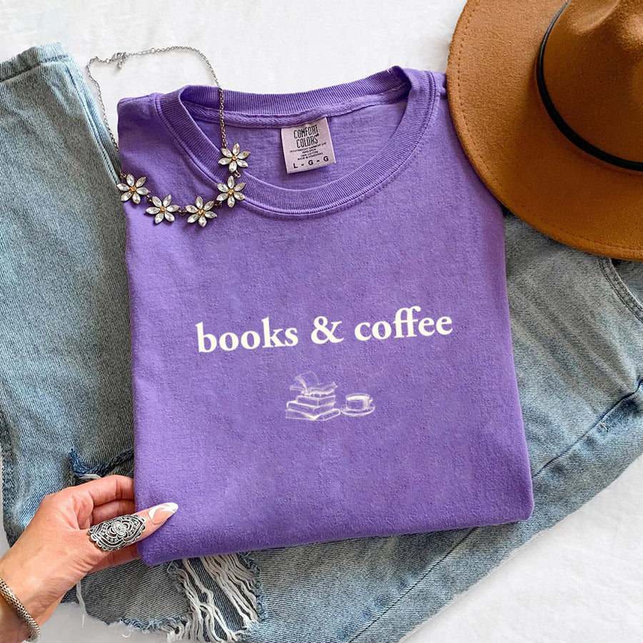 May include Books & Coffee Comfort Colors t-shirt with reading-inspired graphic, relaxed unisex fit, and garment-dyed cotton
