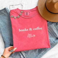 May include Books & Coffee Comfort Colors t-shirt with reading-inspired graphic, relaxed unisex fit, and garment-dyed cotton