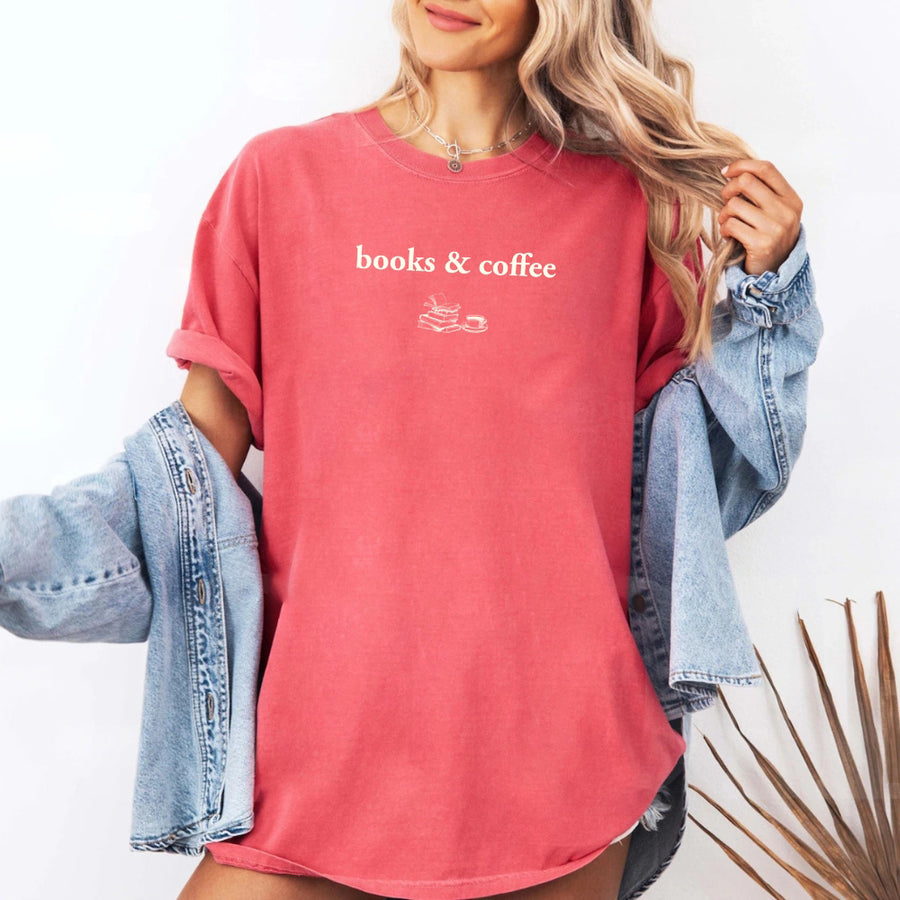 May include Books & Coffee Comfort Colors t-shirt with reading-inspired graphic, relaxed unisex fit, and garment-dyed cotton
