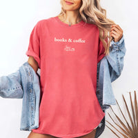 May include Books & Coffee Comfort Colors t-shirt with reading-inspired graphic, relaxed unisex fit, and garment-dyed cotton