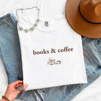 May include Books & Coffee Comfort Colors t-shirt with reading-inspired graphic, relaxed unisex fit, and garment-dyed cotton