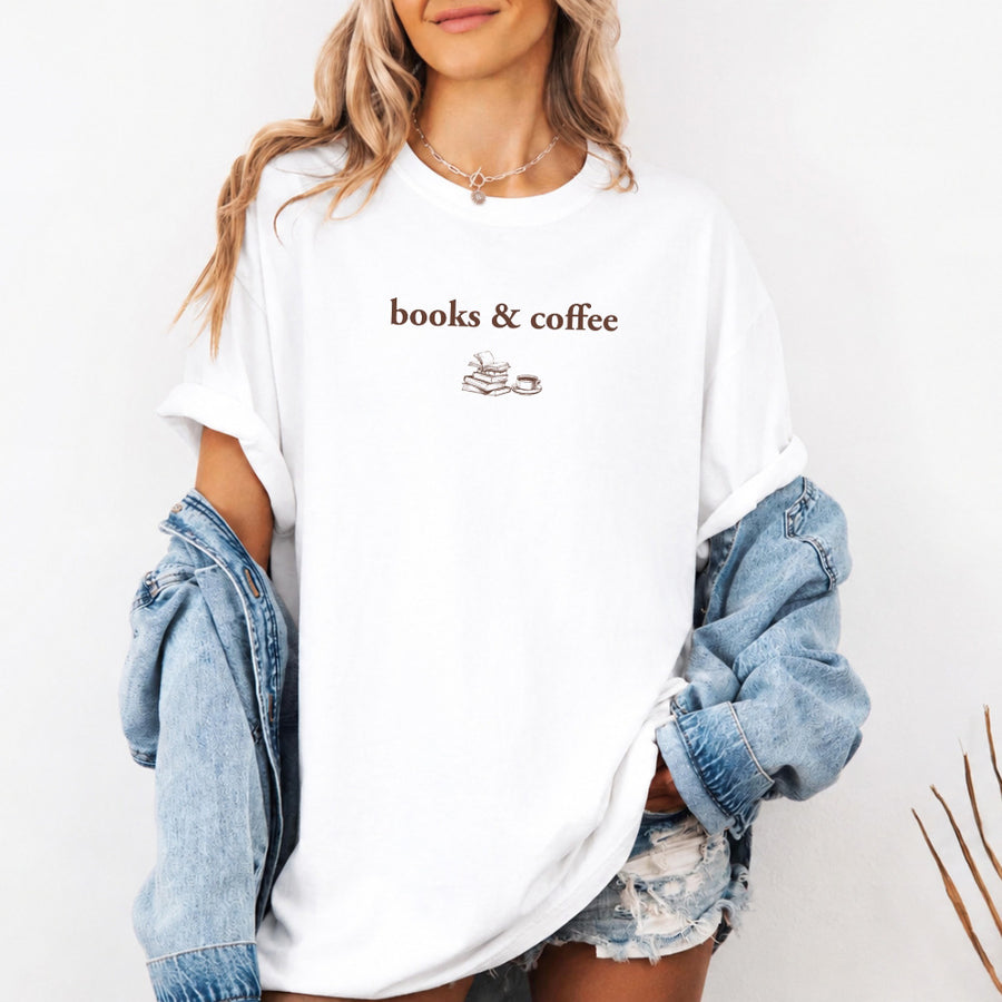 May include Books & Coffee Comfort Colors t-shirt with reading-inspired graphic, relaxed unisex fit, and garment-dyed cotton