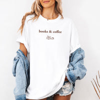 May include Books & Coffee Comfort Colors t-shirt with reading-inspired graphic, relaxed unisex fit, and garment-dyed cotton