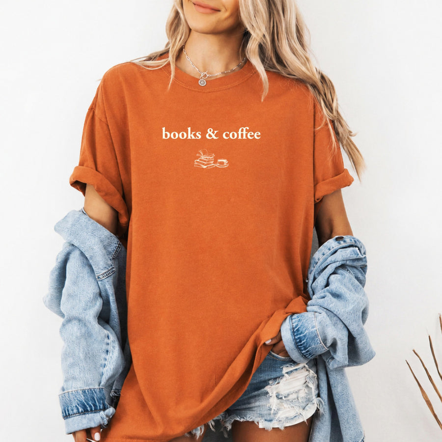 May include Books & Coffee Comfort Colors t-shirt with reading-inspired graphic, relaxed unisex fit, and garment-dyed cotton