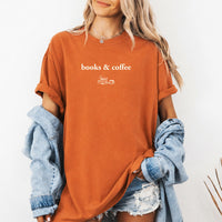 May include Books & Coffee Comfort Colors t-shirt with reading-inspired graphic, relaxed unisex fit, and garment-dyed cotton