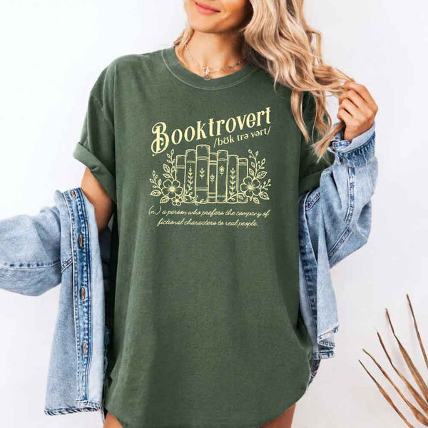 May include Booktrovert Comfort Colors t-shirt with book lover graphic, relaxed unisex fit, and garment-dyed cotton