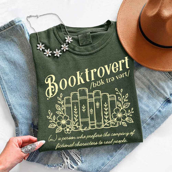 May include Booktrovert Comfort Colors t-shirt with book lover graphic, relaxed unisex fit, and garment-dyed cotton