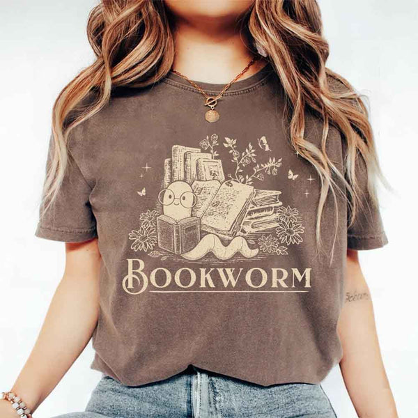 May include Bookworm Comfort Colors t-shirt with book lover graphic, relaxed unisex fit, and garment-dyed cotton