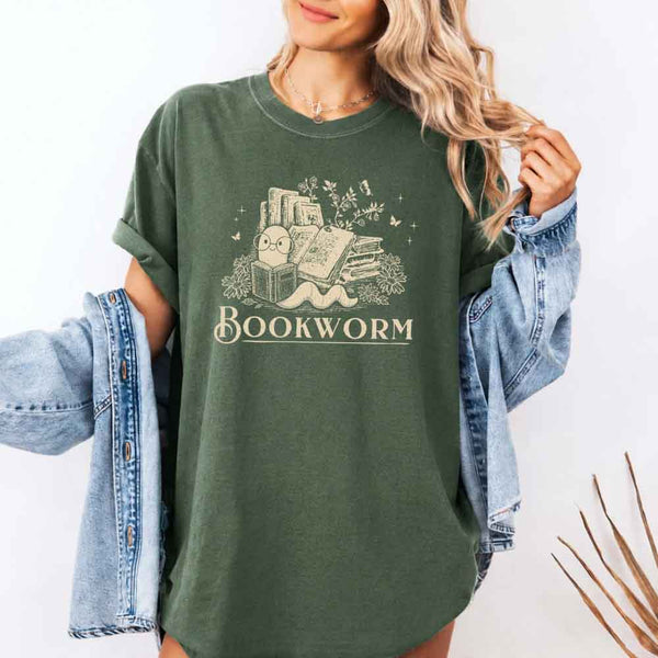 May include Bookworm Comfort Colors t-shirt with book lover graphic, relaxed unisex fit, and garment-dyed cotton