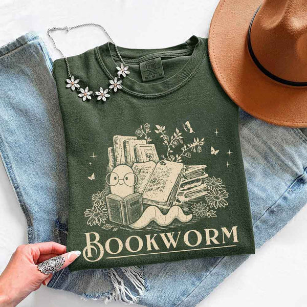 May include Bookworm Comfort Colors t-shirt with book lover graphic, relaxed unisex fit, and garment-dyed cotton