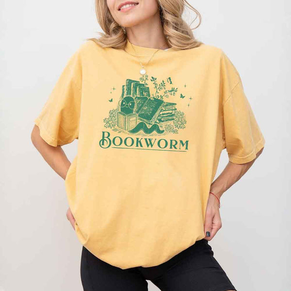 May include Bookworm Comfort Colors t-shirt with book lover graphic, relaxed unisex fit, and garment-dyed cotton