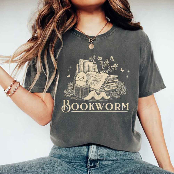 May include Bookworm Comfort Colors t-shirt with book lover graphic, relaxed unisex fit, and garment-dyed cotton
