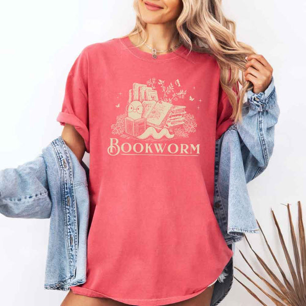 May include Bookworm Comfort Colors t-shirt with book lover graphic, relaxed unisex fit, and garment-dyed cotton