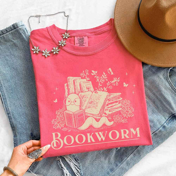 May include Bookworm Comfort Colors t-shirt with book lover graphic, relaxed unisex fit, and garment-dyed cotton