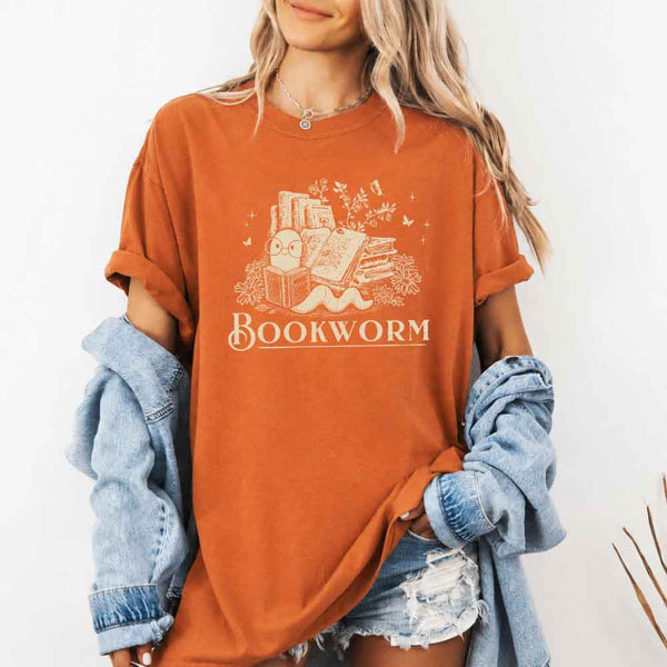 May include Bookworm Comfort Colors t-shirt with book lover graphic, relaxed unisex fit, and garment-dyed cotton