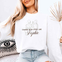 May include a person wearing a White Change Your Story Like Sophie Crewneck Sweatshirt featuring royal inspired graphic and classic fit.