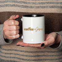 May include a Coffee + Jesus 11oz Mug featuring a simple Christian faith and coffee-inspired statement design on a ceramic cup.