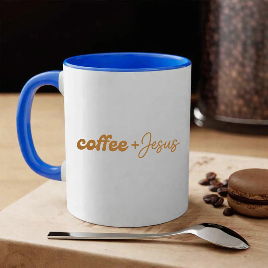 May include a Coffee + Jesus 11oz Mug featuring a simple Christian faith and coffee-inspired statement design on a ceramic cup.