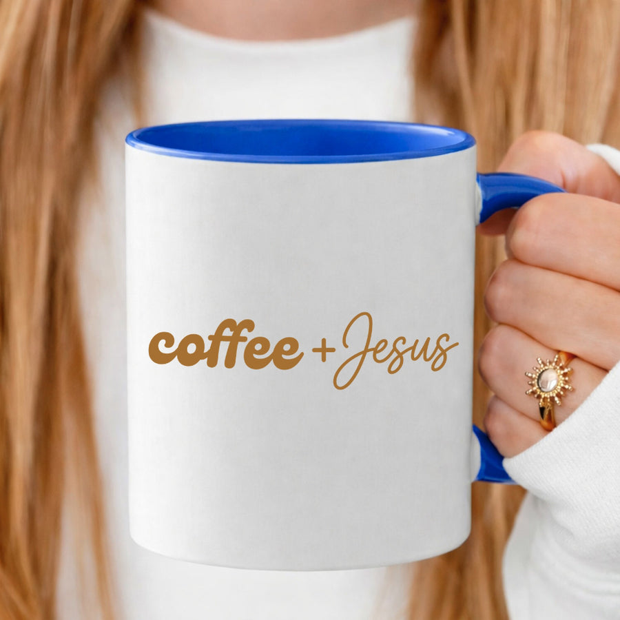 May include a Coffee + Jesus 11oz Mug featuring a simple Christian faith and coffee-inspired statement design on a ceramic cup.