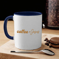 May include a Coffee + Jesus 11oz Mug featuring a simple Christian faith and coffee-inspired statement design on a ceramic cup.