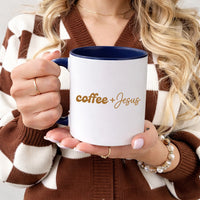 May include a Coffee + Jesus 11oz Mug featuring a simple Christian faith and coffee-inspired statement design on a ceramic cup.