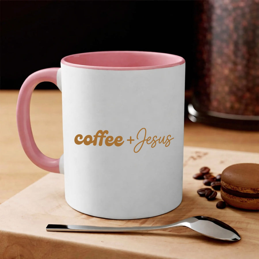 May include a Coffee + Jesus 11oz Mug featuring a simple Christian faith and coffee-inspired statement design on a ceramic cup.
