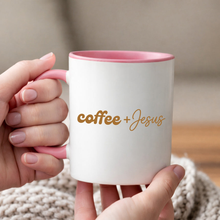 May include a Coffee + Jesus 11oz Mug featuring a simple Christian faith and coffee-inspired statement design on a ceramic cup.