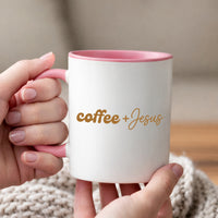 May include a Coffee + Jesus 11oz Mug featuring a simple Christian faith and coffee-inspired statement design on a ceramic cup.