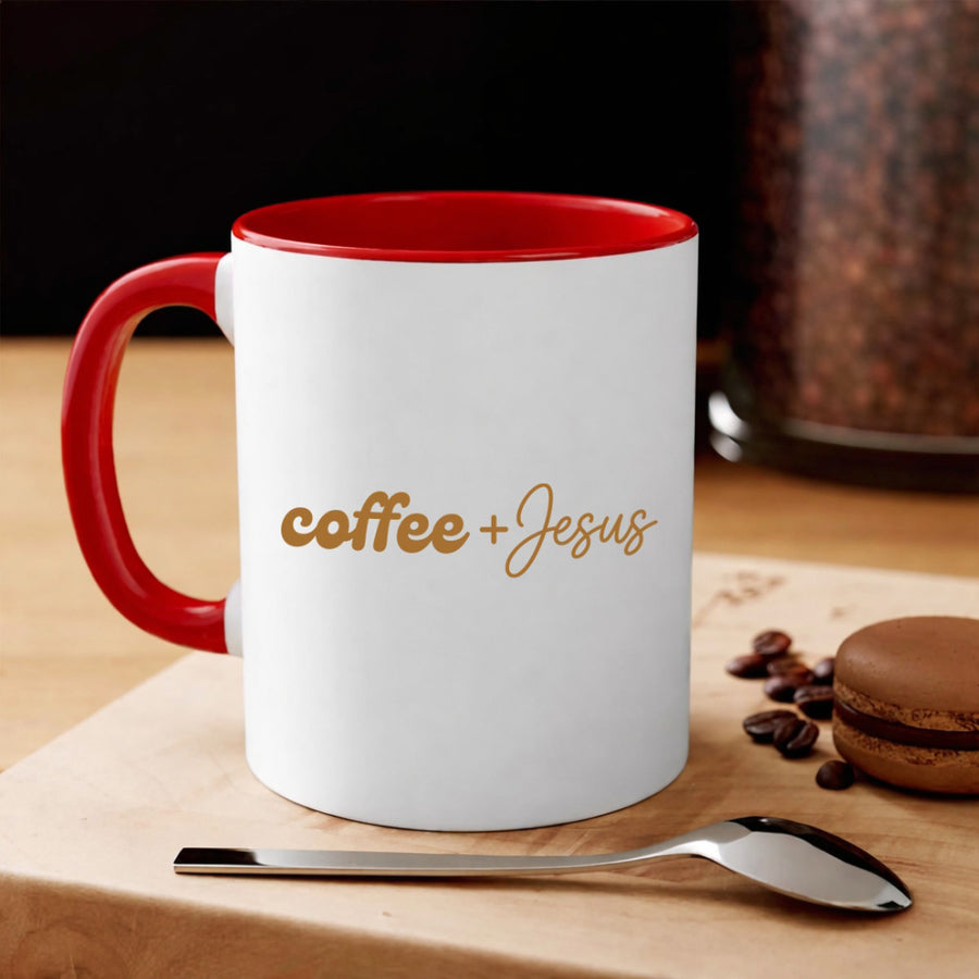 May include a Coffee + Jesus 11oz Mug featuring a simple Christian faith and coffee-inspired statement design on a ceramic cup.