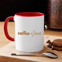 May include a Coffee + Jesus 11oz Mug featuring a simple Christian faith and coffee-inspired statement design on a ceramic cup.