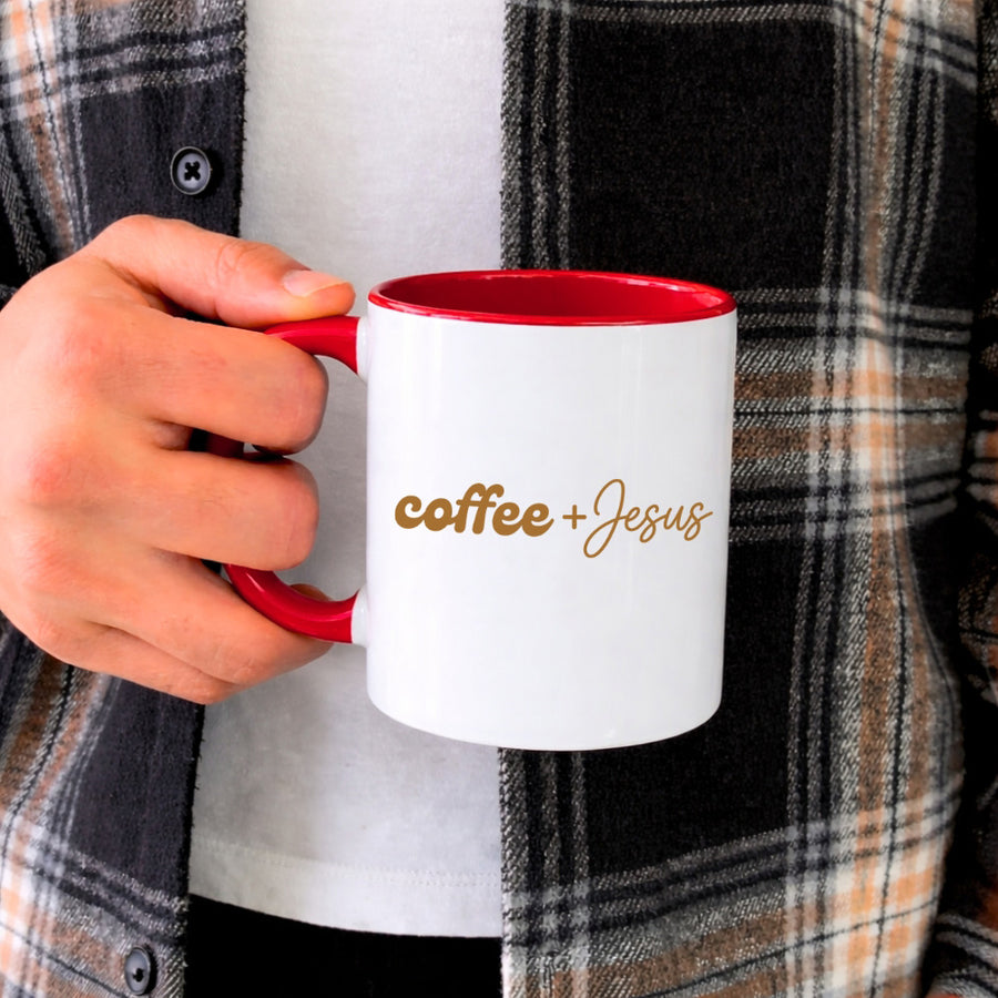 May include a Coffee + Jesus 11oz Mug featuring a simple Christian faith and coffee-inspired statement design on a ceramic cup.
