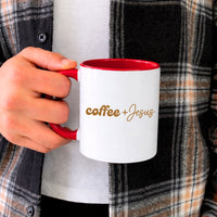 May include a Coffee + Jesus 11oz Mug featuring a simple Christian faith and coffee-inspired statement design on a ceramic cup.