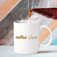May include a Coffee + Jesus 11oz Mug featuring a simple Christian faith and coffee-inspired statement design on a ceramic cup.