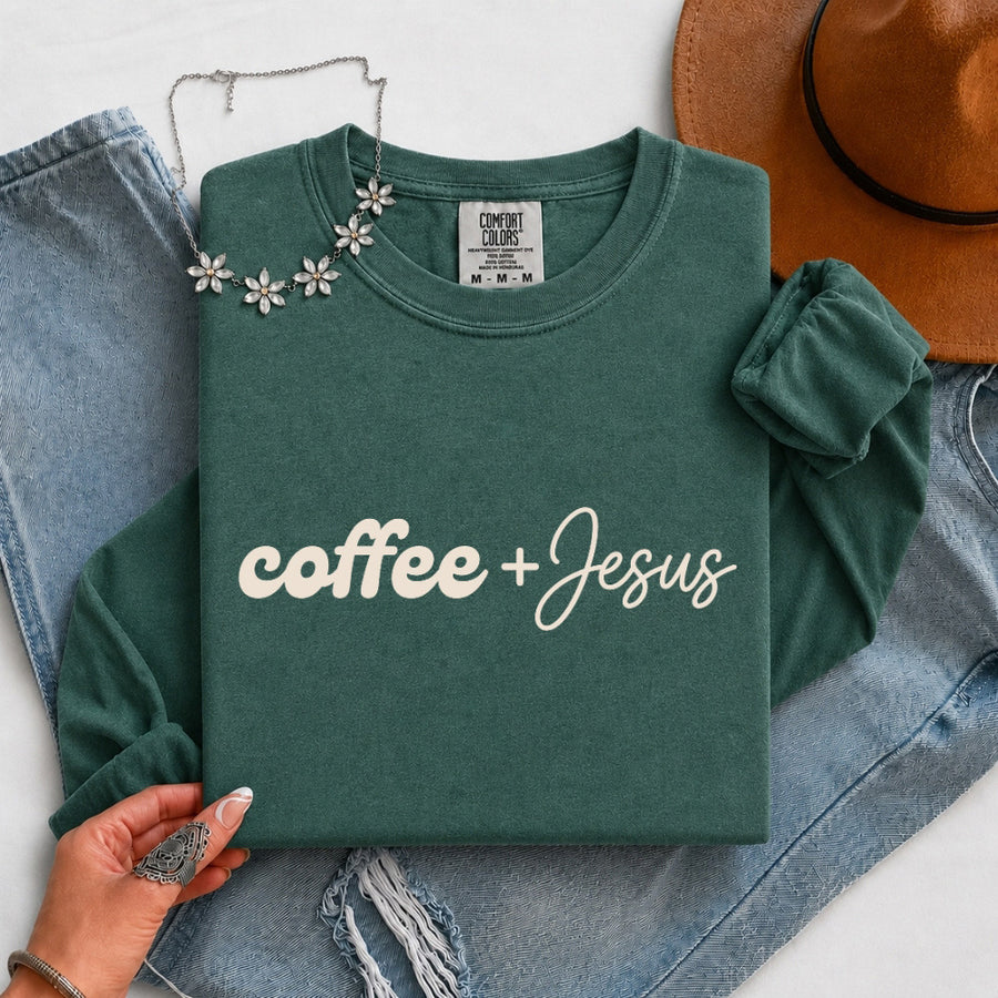 May include a Coffee + Jesus Comfort Colors Long Sleeve Shirt featuring a simple Christian faith and coffee-inspired statement design.