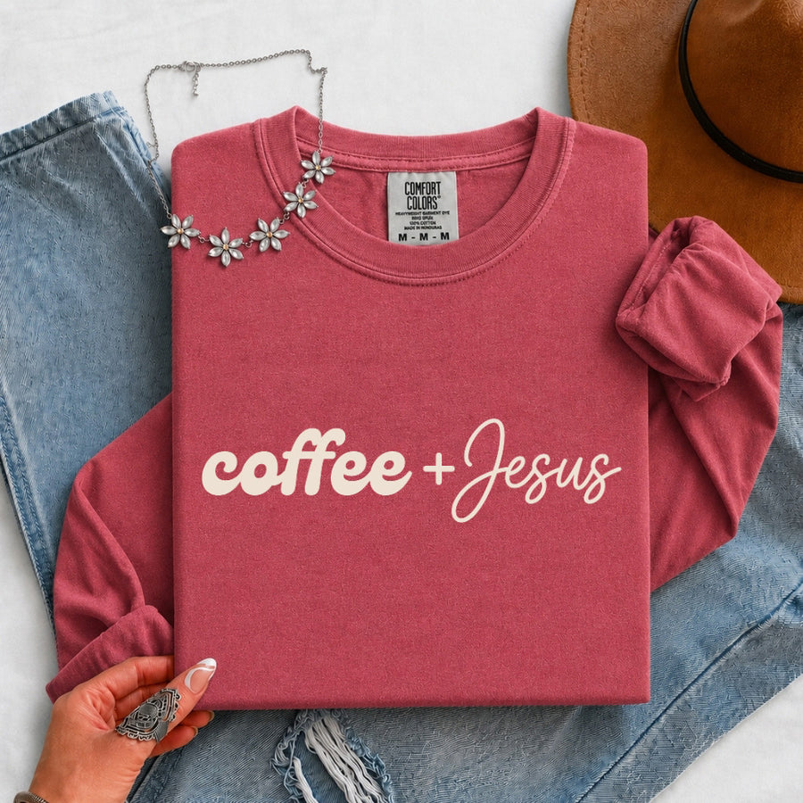 May include a Coffee + Jesus Comfort Colors Long Sleeve Shirt featuring a simple Christian faith and coffee-inspired statement design.