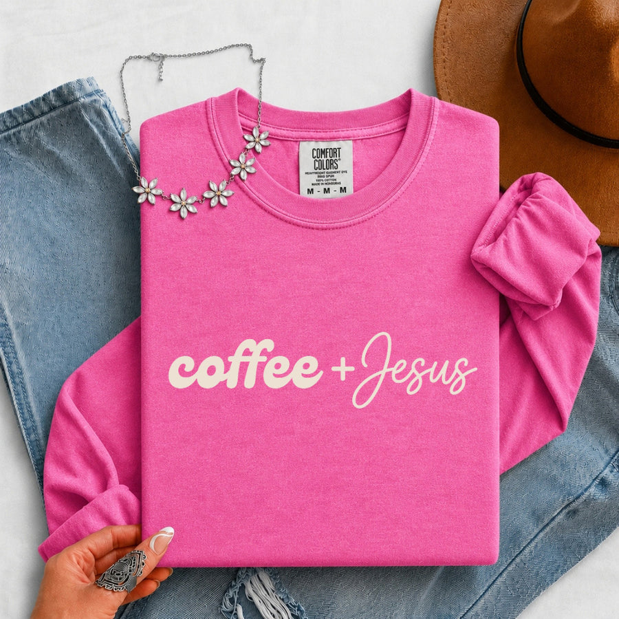 May include a Coffee + Jesus Comfort Colors Long Sleeve Shirt featuring a simple Christian faith and coffee-inspired statement design.