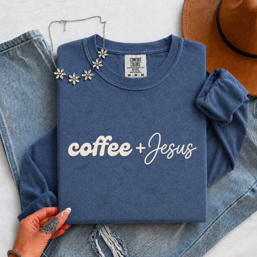 May include a Coffee + Jesus Comfort Colors Long Sleeve Shirt featuring a simple Christian faith and coffee-inspired statement design.