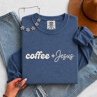 May include a Coffee + Jesus Comfort Colors Long Sleeve Shirt featuring a simple Christian faith and coffee-inspired statement design.