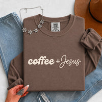 May include a Coffee + Jesus Comfort Colors Long Sleeve Shirt featuring a simple Christian faith and coffee-inspired statement design.