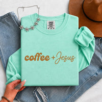 May include a Coffee + Jesus Comfort Colors Long Sleeve Shirt featuring a simple Christian faith and coffee-inspired statement design.