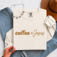 May include a Coffee + Jesus Comfort Colors Long Sleeve Shirt featuring a simple Christian faith and coffee-inspired statement design.