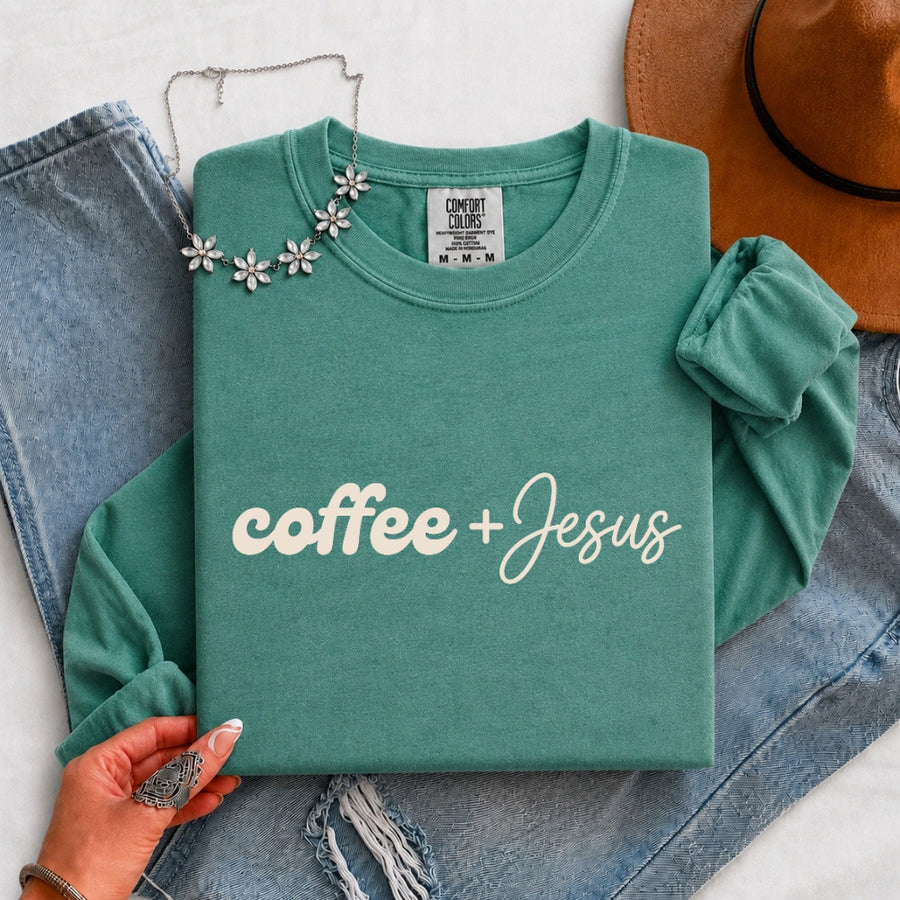 May include a Coffee + Jesus Comfort Colors Long Sleeve Shirt featuring a simple Christian faith and coffee-inspired statement design.