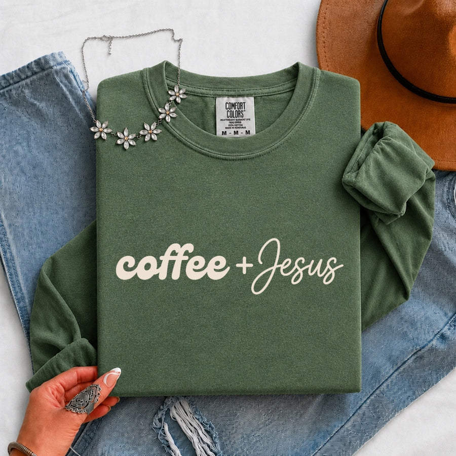 May include a Coffee + Jesus Comfort Colors Long Sleeve Shirt featuring a simple Christian faith and coffee-inspired statement design.