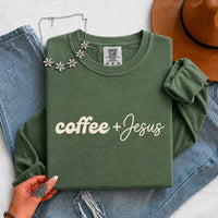 May include a Coffee + Jesus Comfort Colors Long Sleeve Shirt featuring a simple Christian faith and coffee-inspired statement design.