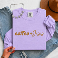 May include a Coffee + Jesus Comfort Colors Long Sleeve Shirt featuring a simple Christian faith and coffee-inspired statement design.
