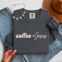May include a Coffee + Jesus Comfort Colors Long Sleeve Shirt featuring a simple Christian faith and coffee-inspired statement design.