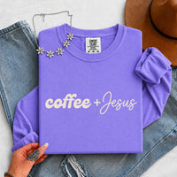 May include a Coffee + Jesus Comfort Colors Long Sleeve Shirt featuring a simple Christian faith and coffee-inspired statement design.