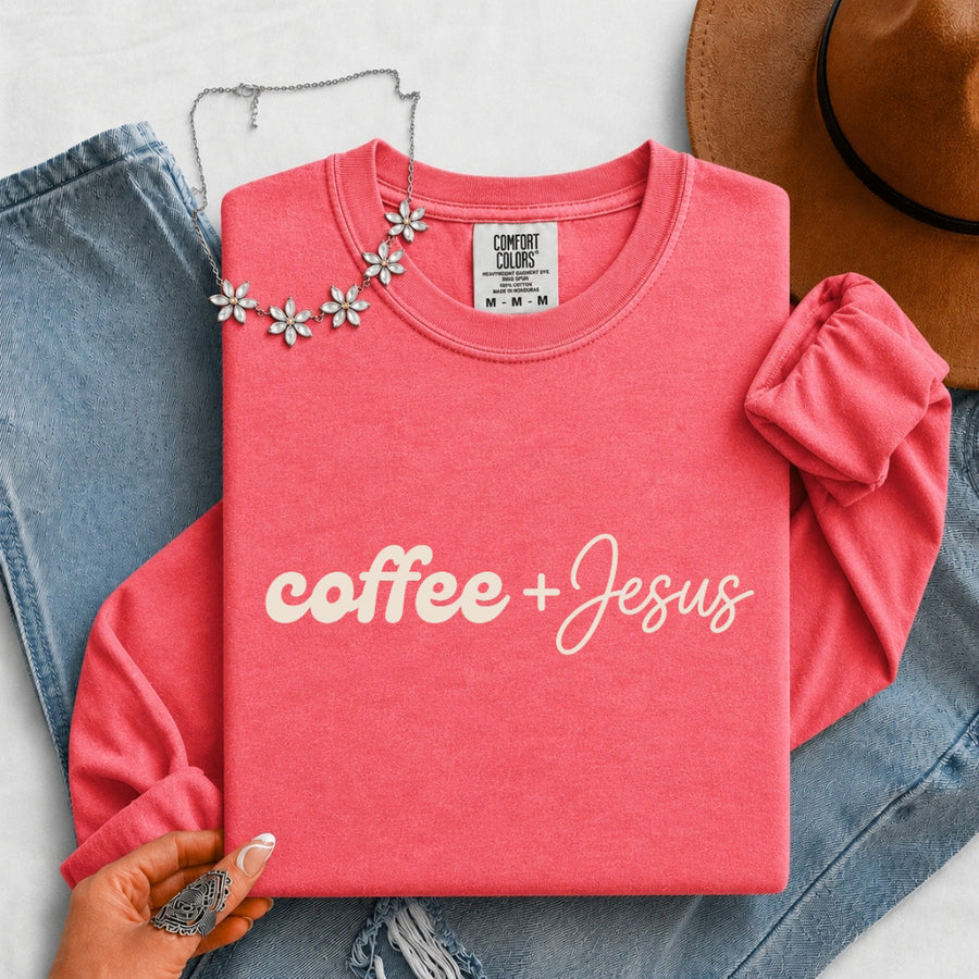 May include a Coffee + Jesus Comfort Colors Long Sleeve Shirt featuring a simple Christian faith and coffee-inspired statement design.